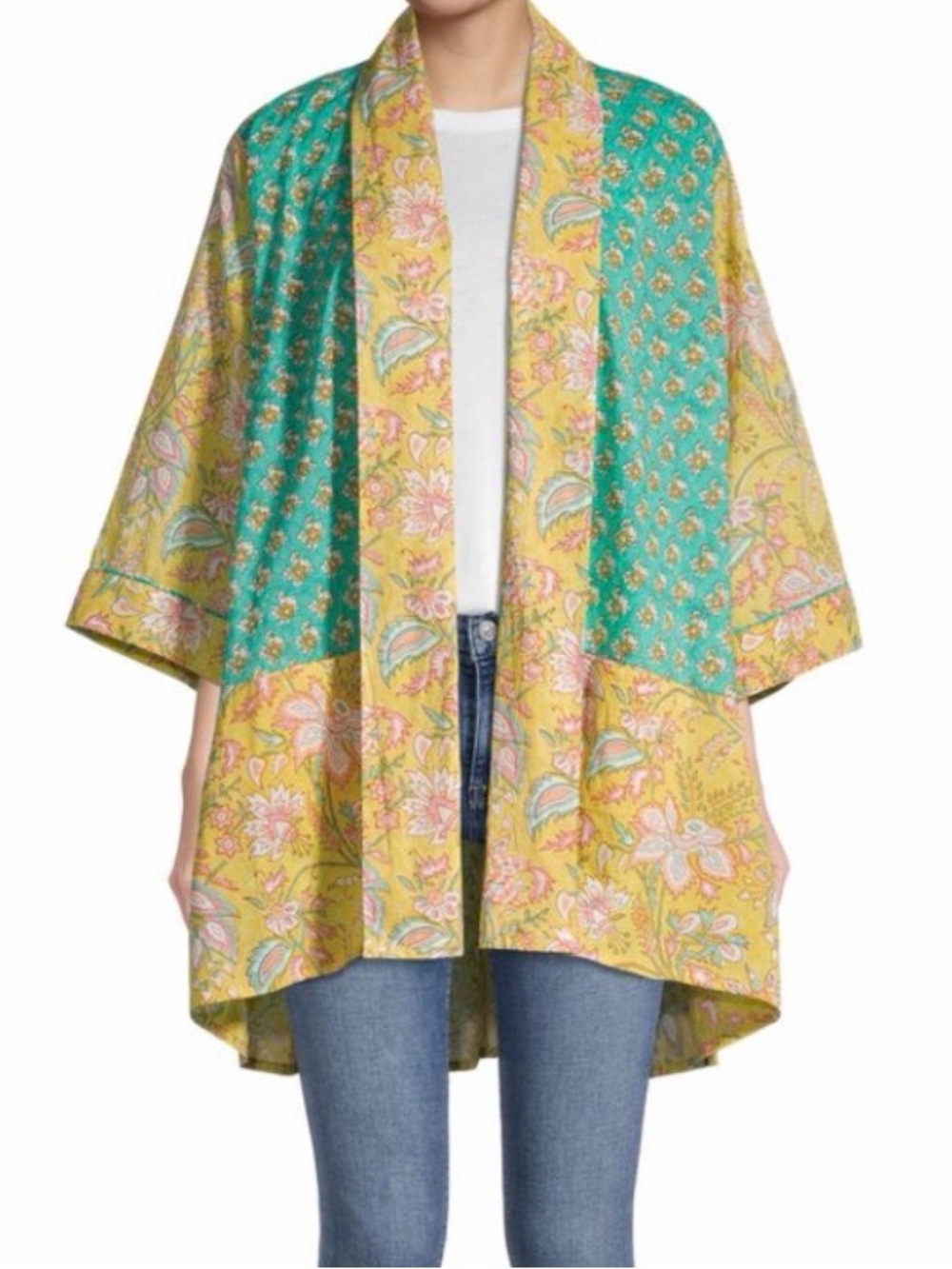 World Market Corine Mixed Floral Block Print Kimono Jacket With Pockets OS